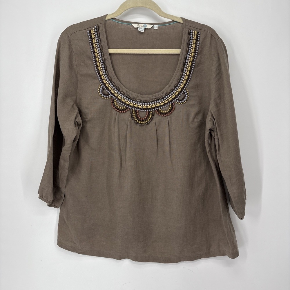 Boden Linen Blouse 12 Taupe Beaded Whimsical Boho Top Tunic